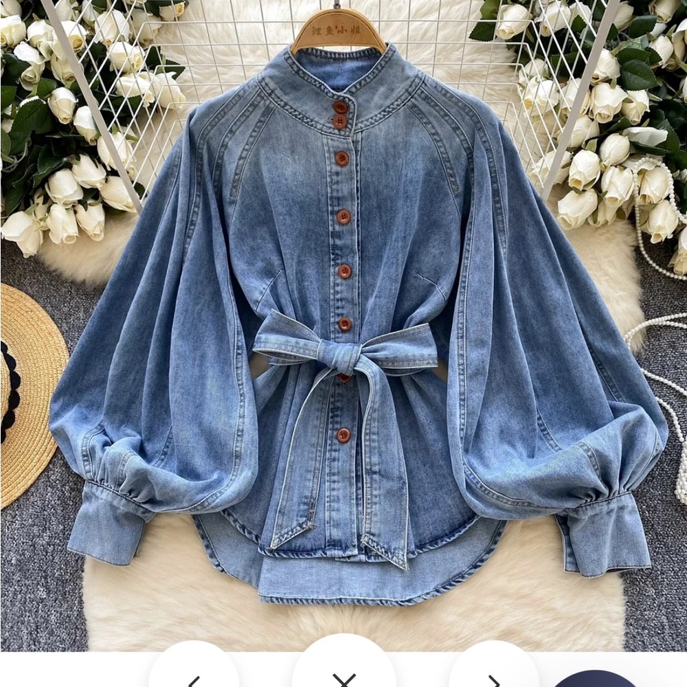 (SOLD) Denim Button-Up Blouse with Puff Sleeves